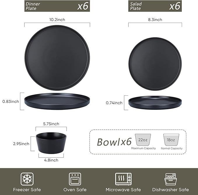 Herogo 18 Pieces Stoneware Dinnerware Sets for 6, Dinner Plates and Bowls Set, Reactive Glaze Dishes for Kitchen, Chip Resistant, Microwave & Dishwasher Safe, Matte Black