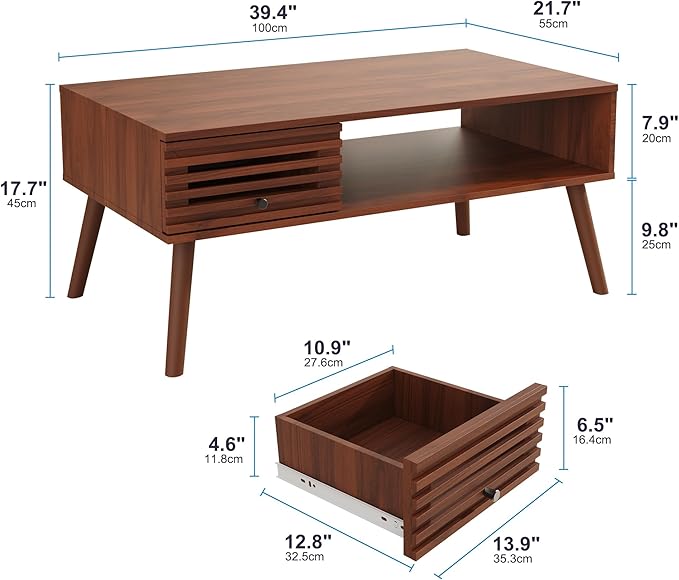 Coffee Table, Mid Century Modern Table with Storage, Living Room Center Table with Slatted Panel Drawer, Fluted Wood Coffee Table with Open Shelf for Living Room, Walnut