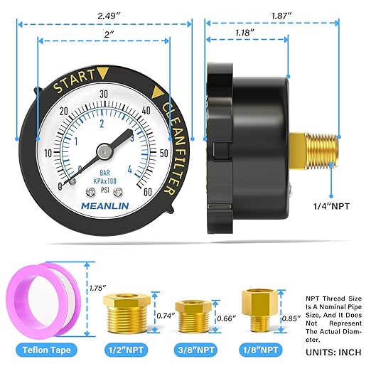MEANLIN MEASURE 0~60Psi Plastic Frame 1/4" NPT Start and Clean Filter Pressure Gauge, Suitable for Swimming Pool, Spa, Aquarium (0-60Psi/0-4BAR/KIT, Center Back Mount)