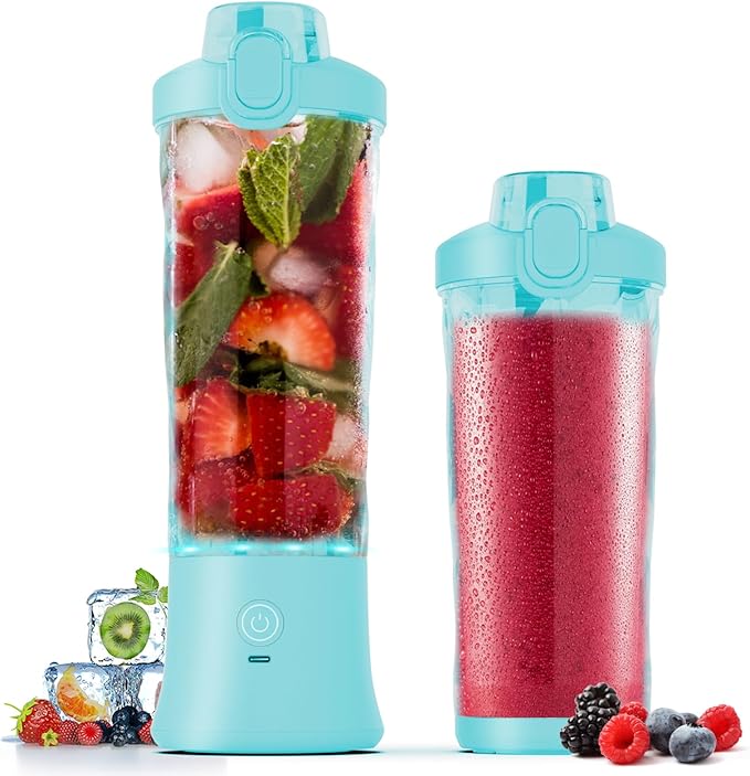Mint Blue Portable Blender - 270W USB Rechargeable, Waterproof, 20 oz BPA Free Cup & Travel Lid for Shakes & Smoothies