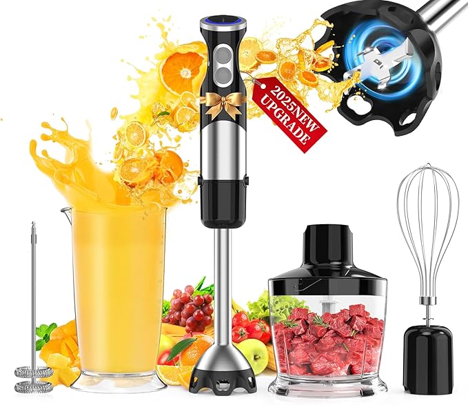 Immersion Blender Handheld 5 in 1-1100W Scratch Resistant Blender Stick, 12 Speed and Turbo Boost Hand Blender with Chopper Beaker Whisk and Milk Frother for Milkshake Puree Smoothie Food