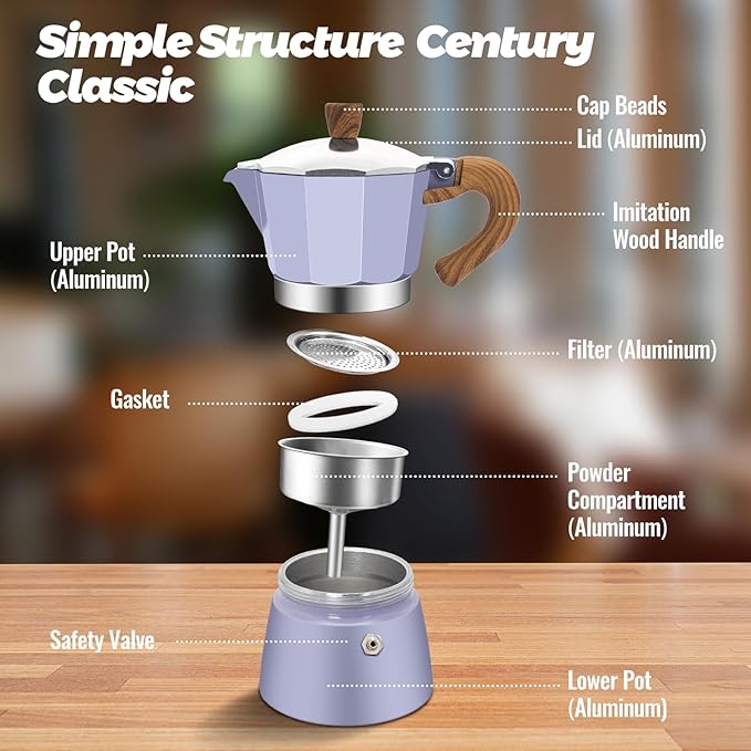 3 Cup Aluminum Moka Pot Purple Classic Stovetop Espresso Coffee Maker 150ml 5oz Coffeemaker Percolator Mocha Pot Greca Coffee Maker Cafe Makers for Italian and Cuban Café Brewing Purple