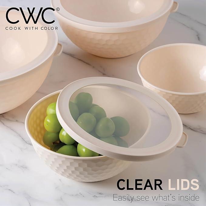 COOK WITH COLOR Mixing Bowls with Lids - 12 Piece Plastic Nesting Bowls Set includes 6 Prep Bowls and 6 Lids, Non Slip Bottom and Embossed Design - Microwave Safe (Cream)