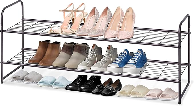 KEETDY 2-Tier Long Shoe Rack for Closet Entryway Shoe Organizer for 18 Pairs Sneakers, Metal Stackable Shoe Storage Shelf with Wire Grid for Bedroom, Floor, Bronze