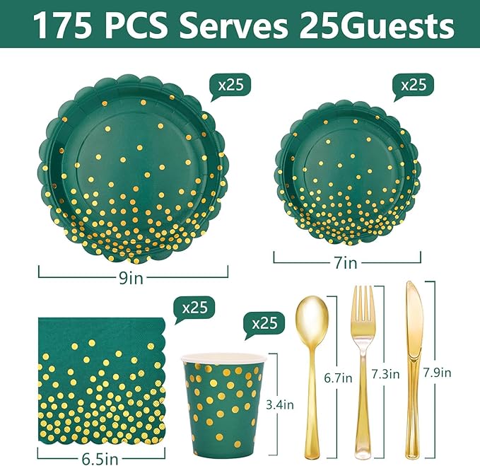 175Pcs Green and Gold Party Decoration - Green Plates and Napkins Party Supplies - Scalloped Paper Plates for Birthday Graduation Decorations, Serve 25 Guests