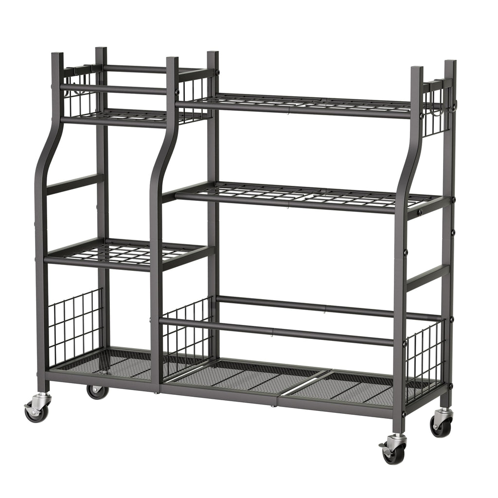 Garden Tool Organizer with Wheels for Garage and Shed, Spacious Tool Storage, Multi-Tier Design with Side Hooks for Rakes, Shovels, Brooms, and Yard Tools Rolling Cart