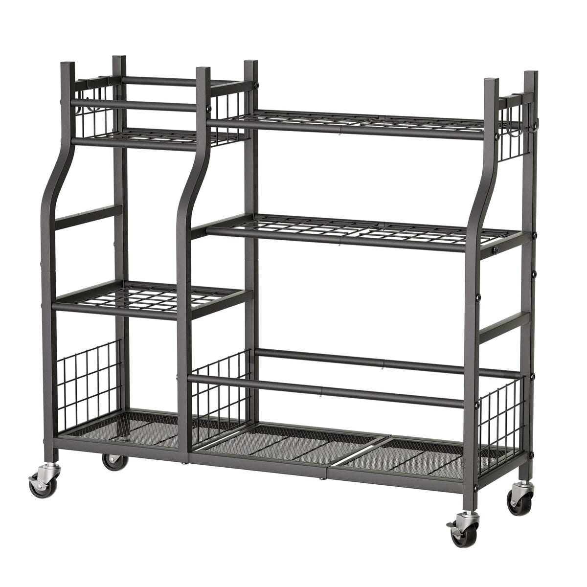 Garden Tool Organizer with Wheels for Garage and Shed, Spacious Tool Storage, Multi-Tier Design with Side Hooks for Rakes, Shovels, Brooms, and Yard Tools Rolling Cart