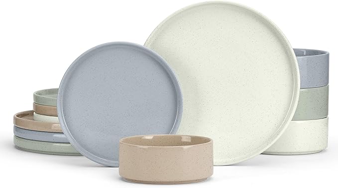 E-far Stoneware Dinnerware Sets, 12-Piece Plates and Bowls Dish Set for 4, Kitchen Modern Dinning Ware, Chip and Scratch Resistant, Microwave & Dishwasher Safe, Speckled Multicolor