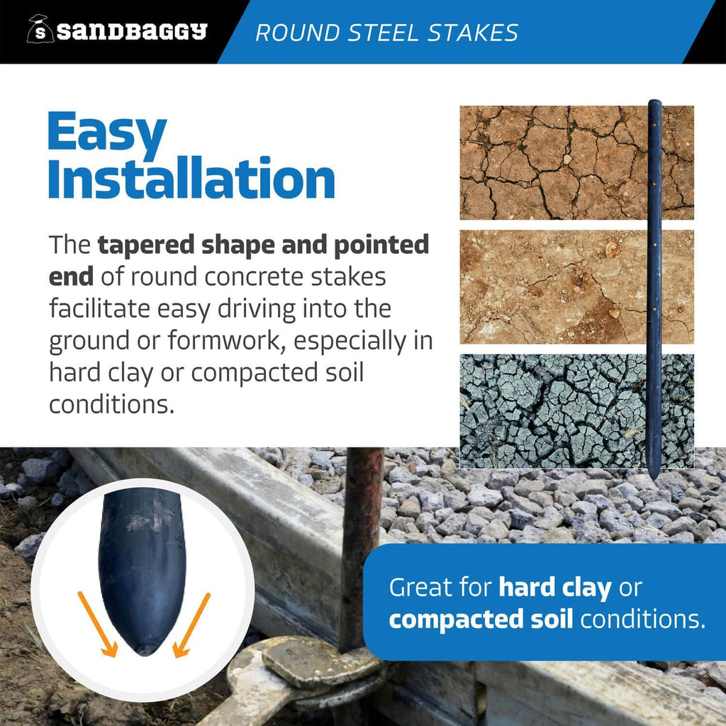 Sandbaggy Round Steel Concrete Form Stakes with Nail Holes - Rust Resistant Coating - Removable, Reusable (200, 3/4 in X 18 in)