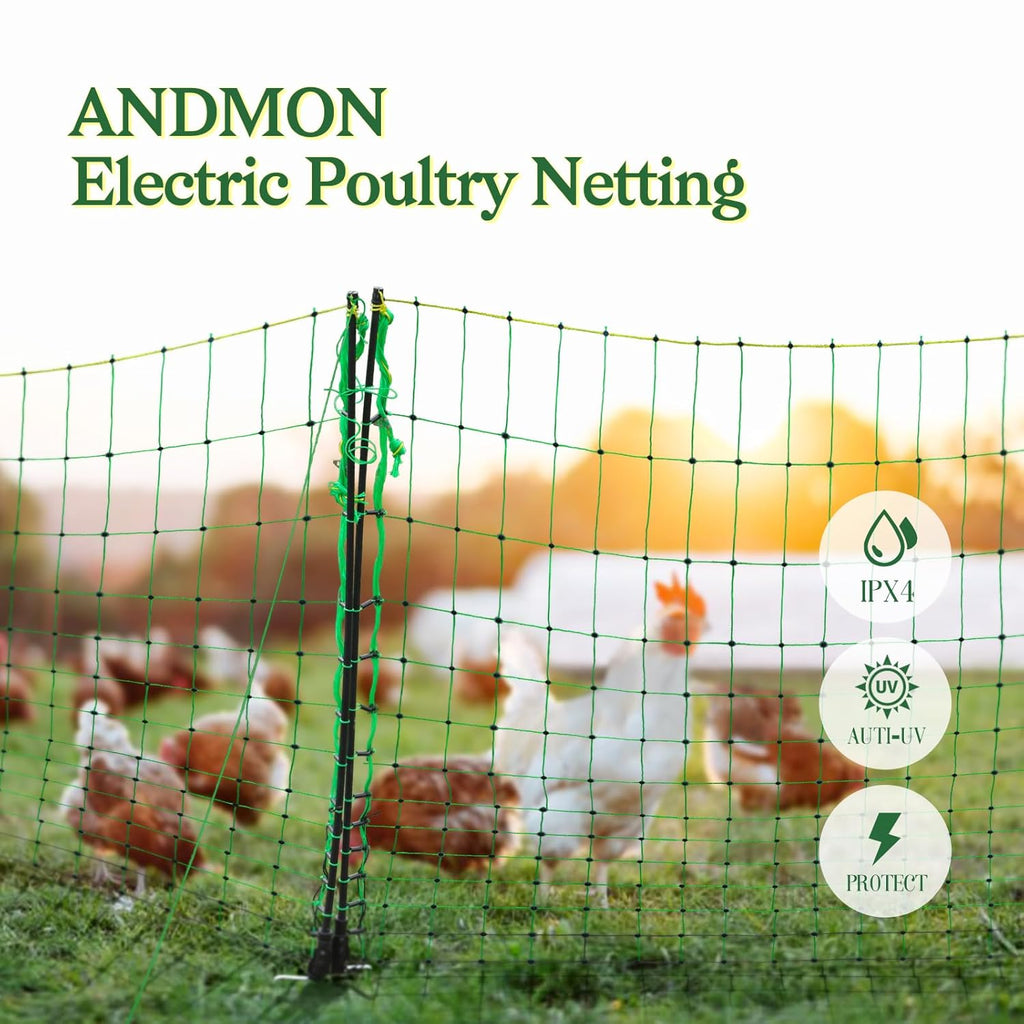 ANDMON Electric Poultry Netting, 48" x 164' Electric Fence Netting with Double Spiked Fiberglass Posts, Electric Chicken Fence for Poultry in Backyards, Homesteads, Farms and Ranches