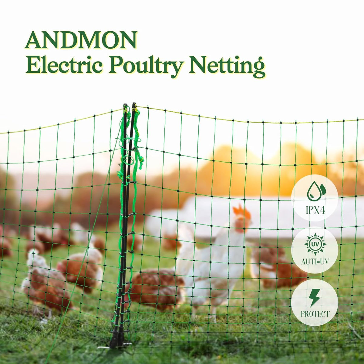 ANDMON Electric Poultry Netting, 48" x 164' Electric Fence Netting with Double Spiked Fiberglass Posts, Electric Chicken Fence for Poultry in Backyards, Homesteads, Farms and Ranches