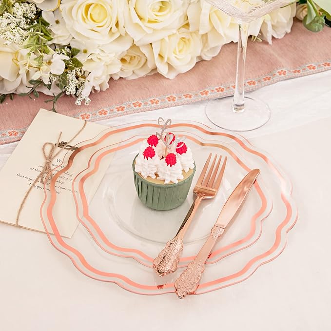NOCCUR 150PCS Rose Gold Plastic Plates&Rose Gold Silverware-Include 30Dinner Plates, 30Salad plates, 90 Disposable Rose Gold Utensils- Ideal for Weddings, Party,Shower