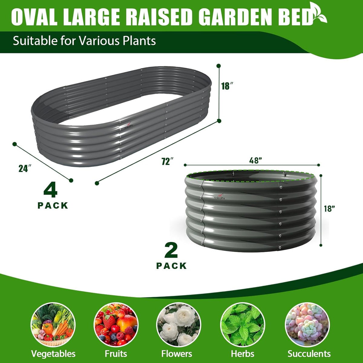A ANLEOLIFE 6-Pack 4X4X1.5ft & 6X2X1.5ft Deep Root Galvanized Raised Garden Beds Outdoor for Planting Vegetables Flowers Herb, Quartz Grey