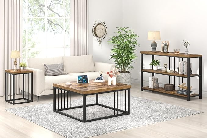 FOLUBAN Modern Coffee Table, Square Center Table for Living Room, Industrial Rustic Wood and Metal Cocktail Tea Table, 31.5 Inch, Brown