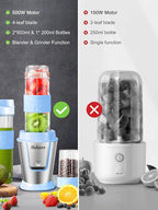Personal Blender, Electric Shake Bottle with 2 x 20oz Travel Bottle and Coffee/Spices Jar, Portable Shaker Cups for Protein Shakes, 500W Single Serve Blender for Shakes and Smoothies, Sports(Blue)