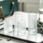 Glass Cups Vintage Glassware Set of 4, Drinking Glasses 12.5oz, Embossed Pattern Style Transparent Cocktail Glasses Set, for Ice Coffee,Juice,Beer,Bar Beverages,Drinkware, Transparent (L)
