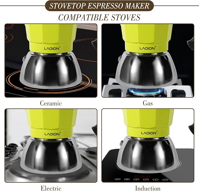 Stovetop Espresso Maker, 3Cup Moka Pot, Espresso Machine Compatible with Induction Cooktops, 150ml Stainless Steel & Aluminum Cuban Coffee Maker for Cafetera Cubana, Green