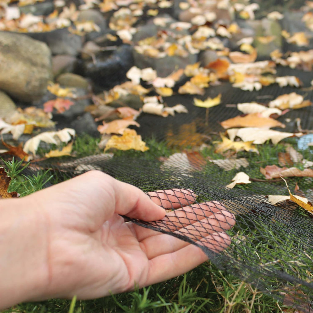 Koi Pond Netting for Leaves 50x50 Ft, 1 in Strong Woven Pond Leaf Net Cover, Protecting Koi Fish from Herons, Raccoons, Birds, Cats & Predators, 28 Pcs Stakes Included