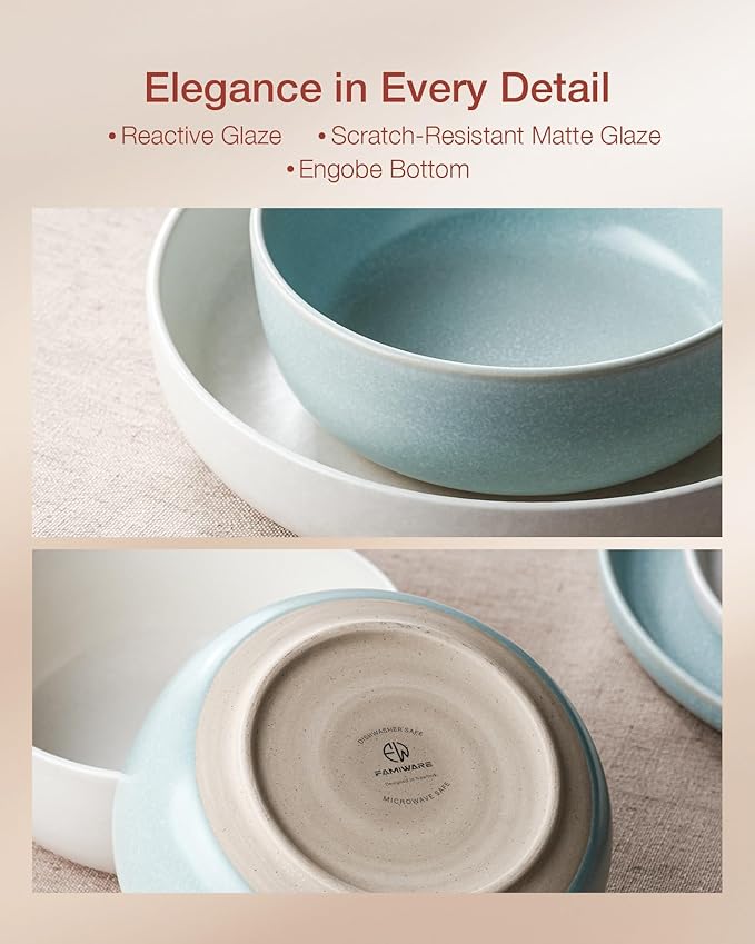 Famiware Milkyway Plates and Bowls Sets, 12 Pieces Dinnerware Sets, Reactive Glaze Dish Set, Stoneware Dishes Set for 4, Matte White & Light Blue