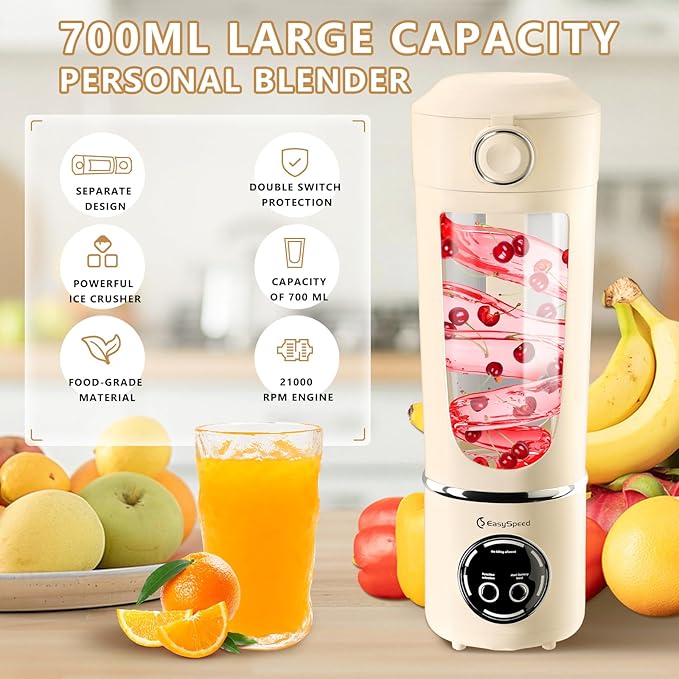 EasySpeed Personal Portable Blender,USB Type-C Rechargeable,700ml Juicer Cup,12 Stainless Steel Blades,4 Gear Modes,1500mAh Battery Capacity,Perfect for Fresh Juice at Home (Beige)
