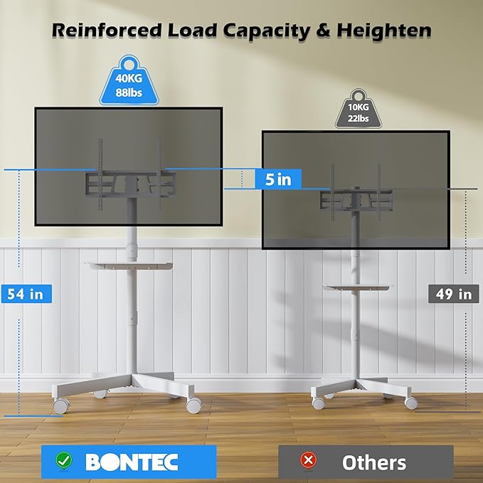 BONTEC Mobile TV Stand with Tilt Function, Rolling TV Stand for 23-60" LED, LCD, OLED TVs, Holds up to 88lbs, Max VESA 400x400mm, Adjustable Media Shelf, TV Cart for Living Room, Bedroom, Office