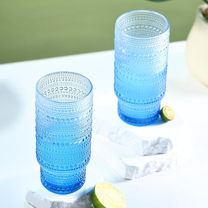 6pcs Hobnail Drinking Glasses Set, 16 oz Vintage Glassware Drinking Glasses, Gradual Blue Water Glasses Tumbler, Cups for Kitchen, Juice, Beer, Cocktail, Whiskey