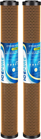 ICEPURE 5 Micron 20" x 2.5" Whole House Activated Carbon and KDF Water Filter Cartridge, Heavy Metal Removal Filter Replacement for EP-20, C1-20, F3WCB32, CTO20-KDF, 2PACK