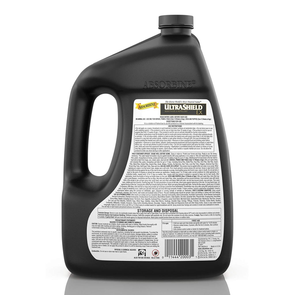 Absorbine UltraShield EX Combo 32oz Sprayer + 128oz Refill Insecticide, Kills & Repels Flies, Mosquitoes, Ticks, Fleas, Lice, Use on Horses, Dogs, Premises
