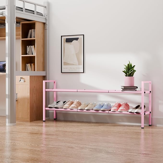 Bumusty 2-Tier Long Expandable Shoe Rack for Closet, 18"-44" Adjustable Shoe Rack for Entryway, 10-12 Pairs Large Shoe Organizer Shelf Storage, Sturdy Metal, Pink