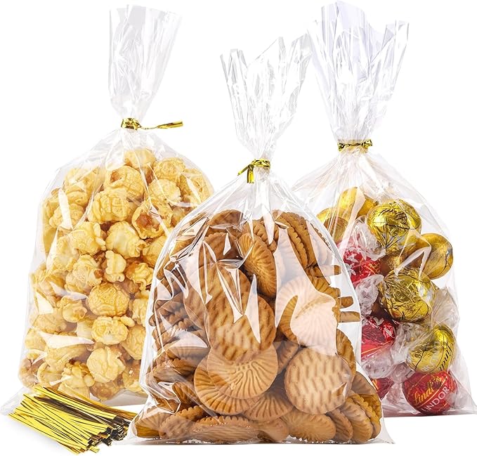 LOKIQNG Cellophane Bags Plastic Gift Bag Clear Cookie Treat Bags with Twist Ties for Party Favor Bag(100PACK,6x10inch)