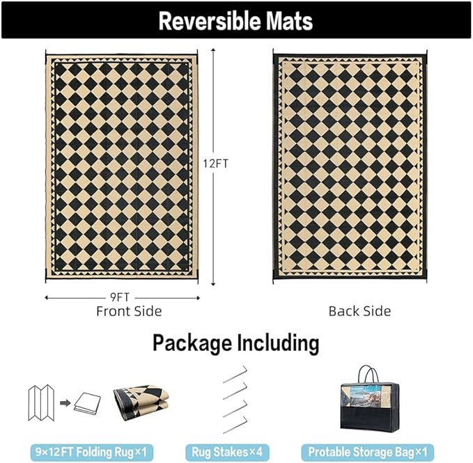 Outdoor Rug for Patios Clearance,Waterproof Mat,Large Outside Carpet,Reversible Plastic Straw Camping Rugs,Rv,Porch,Deck,Camper,Balcony,Backyard (9x12,Checkered/Black&Beige)