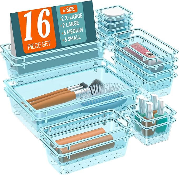 WOWBOX 16 PCS Plastic Drawer Organizer Set, 4 Sizes Desk Drawer Organization and Storage Containers for Makeup, Cosmetics, Jewelry and Gadgets in Kitchen, Bathroom, Bedroom, Office, Clear Sea Blue