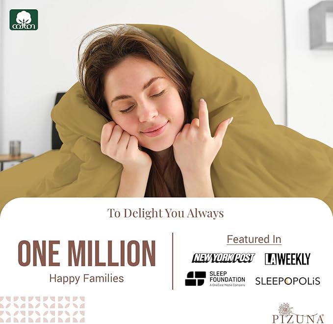 Pizuna Pure 100% Cotton Twin Duvet Cover Set, Luxurious 400 Thread Count Long Staple Cotton Sateen Weave with Button Closure (Combed Mustard Gold Cotton Duvet Cover Twin)