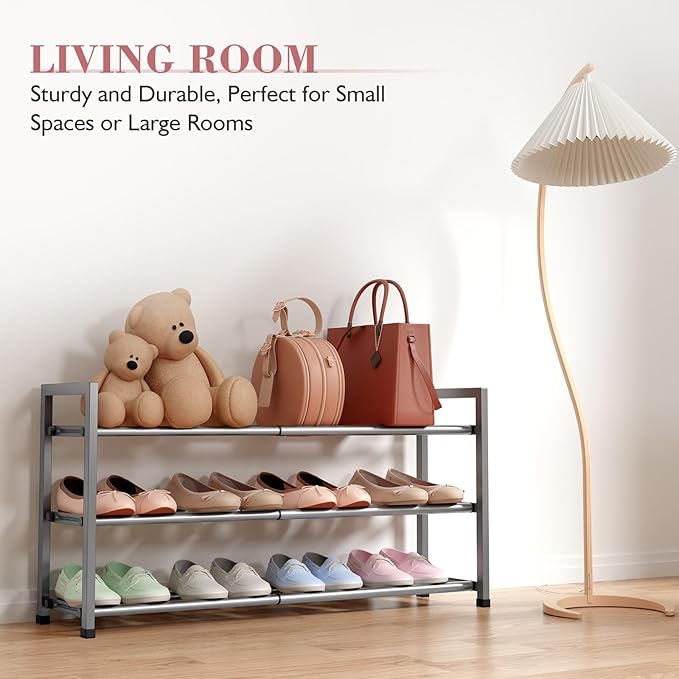 Bumusty 3-Tier Expandable Shoe Rack for Closet, 18“-33” Adjustable Shoe Rack for Small Space, Small Shoe Organizer for Front Door, Sturdy Metal, Gray