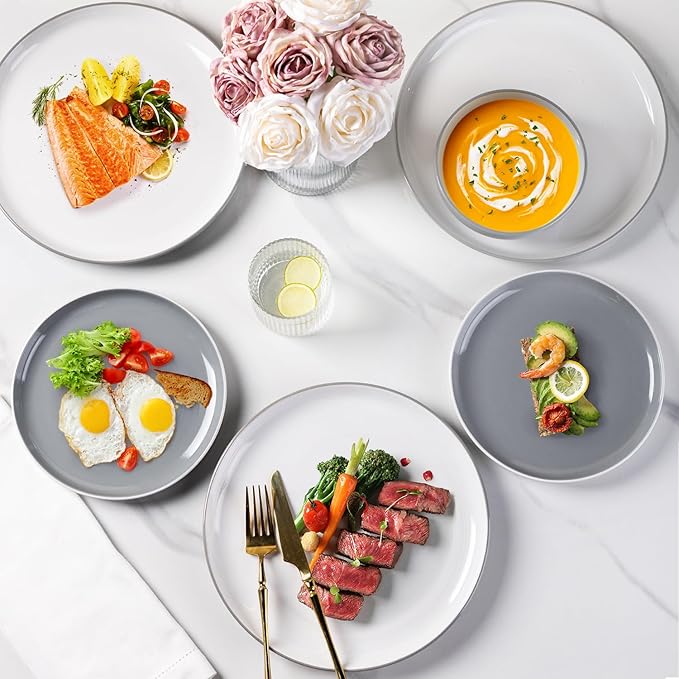 GBHOME 12 Pieces Ceramic Dinnerware Set, Modern White Dish Set for 4，Scratch Resistant Smooth Plates and Bowls Sets，Oven Safe，Microwave & Dishwasher