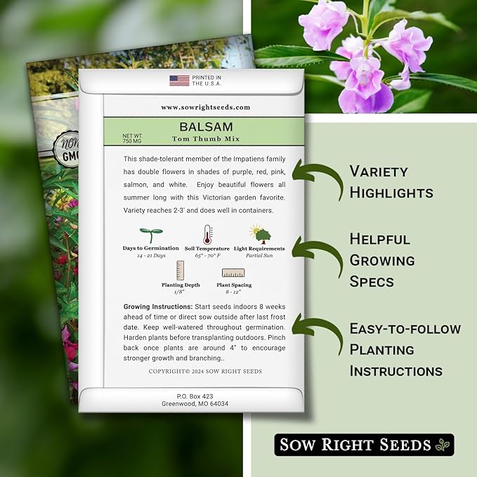 Sow Right Seeds - Balsam Tom Thumb Mix Flower Seeds for Planting - Indoors or Outdoors - Non-GMO Heirloom Packet with Instructions to Plant in Your Garden - Impatiens - Colorful Blooms (1)