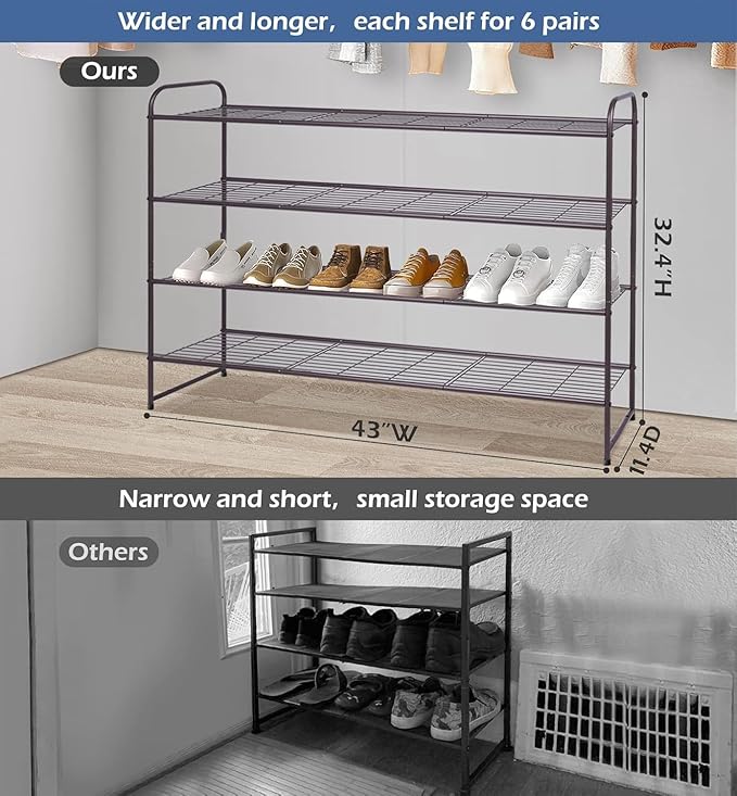 KEETDY 4-Tier Long Shoe Rack for Closet Floor, Wide Shoe Organizer Storage, Stackable Shoe Rack for Entryway Metal Shoe Shelf for 30 Pairs Men Sneakers with Wire Grid for Bedroom, Bronze