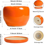 SQOWL Ceramic Planter - 10 Inch Plant Pot with Drainage Hole and Saucer, Round Modern Planter for Indoor Outdoor Plants, Decorative Large Flower Pot, House Decor, Gifts for Women Men, Orange