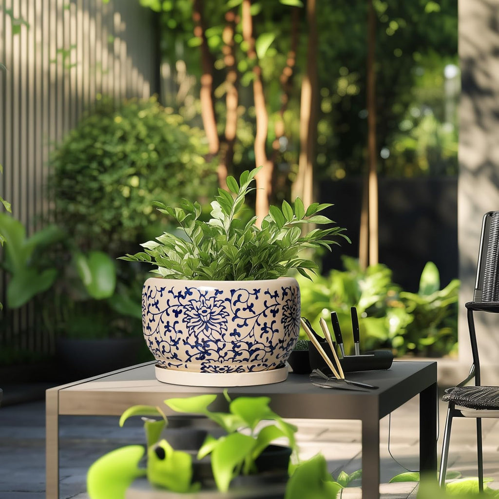 SQOWL 10 Inch Plant Pot Indoor - Ceramic Planter with Drainage Hole and Tray, Large Ceramic Flower Pots Outdoor, Porcelain Decorative Round Planter, Room Decor, Gifts for Plant Lovers, Blue and Beige