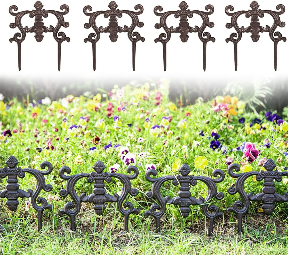 Sungmor Decorative Cast Iron Flower Bed Edging for Landscaping, 4PC Heavy Duty & Sturdy Low Garden Fence, 9.4" Tall Small Picket Fence, Pretty Vintage Lawn Edge Barrier, Outdoor Yard Decor Stakes