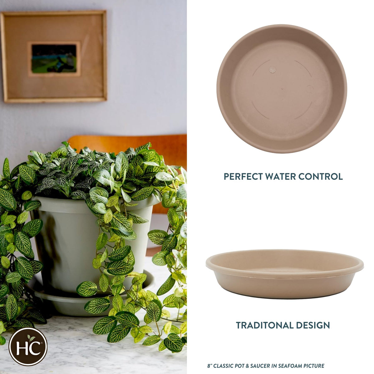 The HC Companies Flower Pot Saucers - Plastic Plant Saucer for Outdoors & Indoors - Traditional Design Plant Pot Trays for Water Drainage - Durable & Stylish Round Plant Tray (16-inch Sandstone)