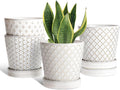 EFISPSS Ceramic Plant Pots Indoor, 5 Inch Planters with Drainage Holes and Ceramic Tray, Relief Design Flower Planter, Desktop Office Windowsill Decoration Gift Set of 4, White