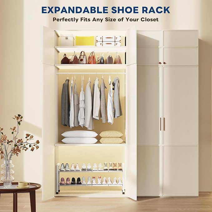 Mavivegue Expandable Shoe Rack, 2-Tier 19"-43.3" Adjustable Shoe Rack for Closet,Hall Entryway,Front Door,Garage, Sturdy Steel Space-Saving Rack, White