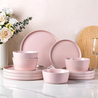 AmorArc Ceramic Dinnerware Sets for 4, Modern Flat Stoneware Plates and Bowls Sets,Chip and Crack Resistant | Dishwasher & Microwave Safe Dishes Set,Scratch Resistant- Service for 4 (12pc)-Matte Pink