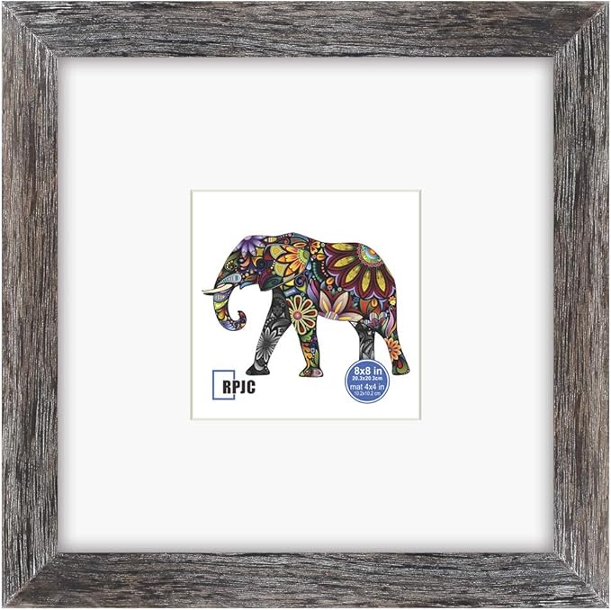 RPJC 8x8 inch Soild Wood Picture Frame with High Definition Glass Display Pictures 4x4 with Mat or 8x8 Without Mat for Wall Mounting Hanging Photo Frame Driftwood Finish