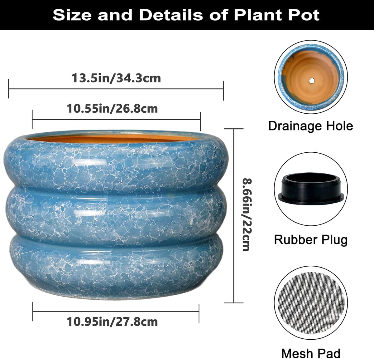 SQOWL Ceramic Plant Pot Indoor with Drainage Hole 13.5 Inch - Large Outdoor Planter Ceramic Flower Pot Modern Round Planter Decorative Plant Pot for Outdoor Porch Decor Blue