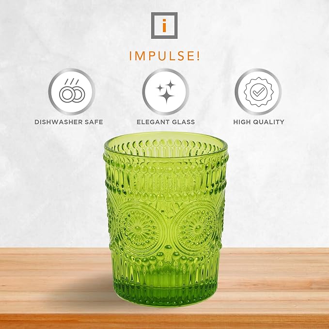 IMPULSE! Tuscan Rocks Glass Set - Olive, Dishwasher Safe, Chic Vintage Style - 8 oz - Ideal for Gin, Mixed Cocktails, Bourbon, Margaritas, Soft Drinks, Beer, Water - Mexican Style Glasses - Set of 4