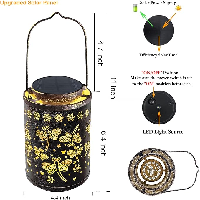 2025 Upgraded Dragonfly Solar Lanterns Outdoor Waterproof Hanging Lights, Hollowed-Out Metal Solar Lantern for Garden, Patio, Porch, Yard Decorations & Gifts for Women, Mom, Grandma