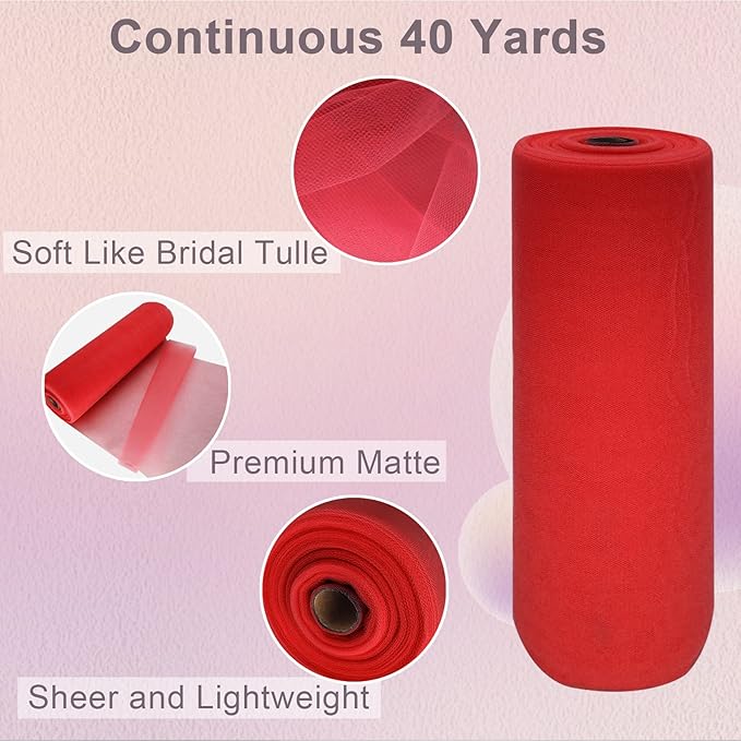 Red Tulle Fabric Roll Spool Bolt (54 Inch by 40 Yards) Large Tulle Wedding Party Decoration, Tutu Skirt, Table Runner, Gift Wrapping, Bridal Shower, Soft & Drape (Red)