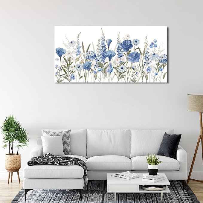 arteWOODS Elegant Flowers Wall Art - Blue White Botanical Pictures for Wall Decor Floral Blossom Canvas Painting Print Artwork for Living Room Bedroom Home Office Wall Decoration 24" x 48"